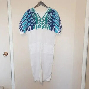 Vintage linen 80s Matisse inspired blue abstract white drop waist  dress